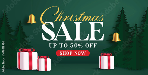 Christmas Sale clipart banner design. Christmas Sale typography text in green background for holiday season shopping discount clip art with gift boxes and hanging bell elements special promo poster 