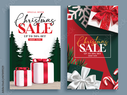 Christmas Sale clipart poster set. Christmas Sale poster card template clip art collection special offer discount with gift boxes and pine tree elements for holiday season promo advertisement in white