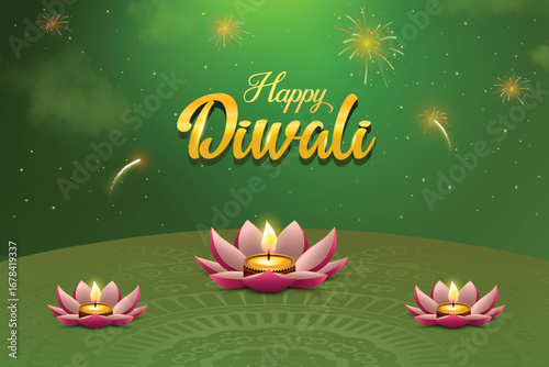 Happy Diwali With Flower Shaped Diya And Fireworks On Green Background. Indian Hindu Festival Concept For E-commerce Greetings, Poster, Banner Etc.