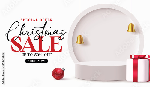 Christmas Sale white podium clipart banner. White podium with Christmas sale text clip art special offer shopping discount for holiday season product advertisement banner card template in simple 