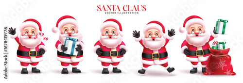 Christmas Santa Claus characters clipart banner set. Set of Santa character clip art collection with sack of gifts in happy, funny and friendly faces for xmas decoration vector illustration.
