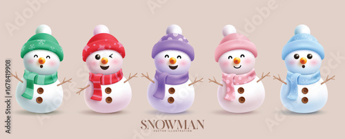 Christmas Snowman characters clipart set. Snow man cute character clip art collection with happy, funny, friendly and jolly faces wearing printed pattern colorful pastel hat and scarf costume 