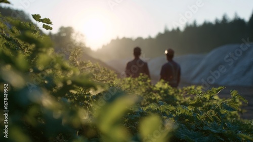 A peaceful duo of farmers, Caucasian and Hispanic men, stand amidst verdant solstice fields, celebrating Lammas' rustic charm