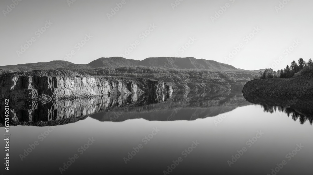 Fototapeta premium Silent mirrored lake cradles rugged cliffs, echoing solstice whispers and reflecting meditative whispers of Earth's tranquility