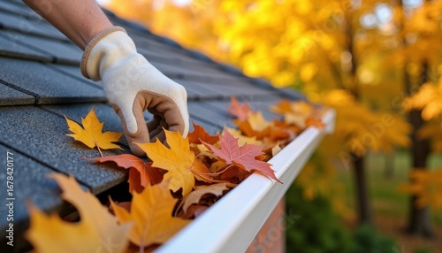 Gloved hand cleaning a clogged roof gutter filled with vibrant autumn leaves � essential home maintenance.