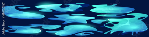 Water wave and puddle game collection with glowing turquoise pools, liquid spills and flowing surface for aquatic level. Illumination effect with ripples. Ocean floor graphics for underwater adventure