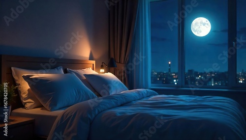 Serene bedroom scene at night, soft moonlight illuminating the bed and pillows, creating a peaceful and tranquil atmosphere ideal for sleep , side table, duvet