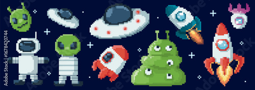 Pixel space collection with UFO and invaders, rocket and alien creatures for retro arcade game. 8 bit astronaut, green monster with flying saucers. Retro sci fi sprites for cosmic shooter apps.