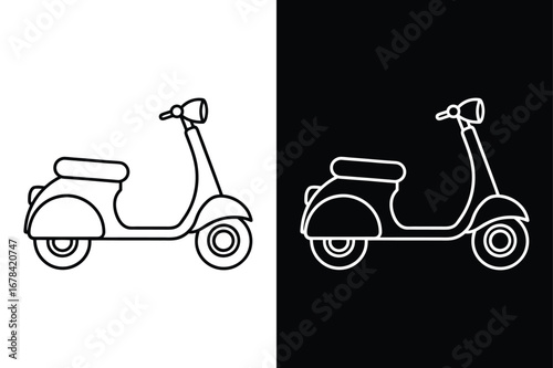 Minimalist Scooter Icon. Side View Line Art Vector in Black White Background