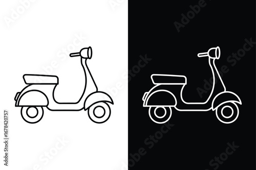 Scooter Outline Vector. Black and White Minimal Line Drawing Icon Design