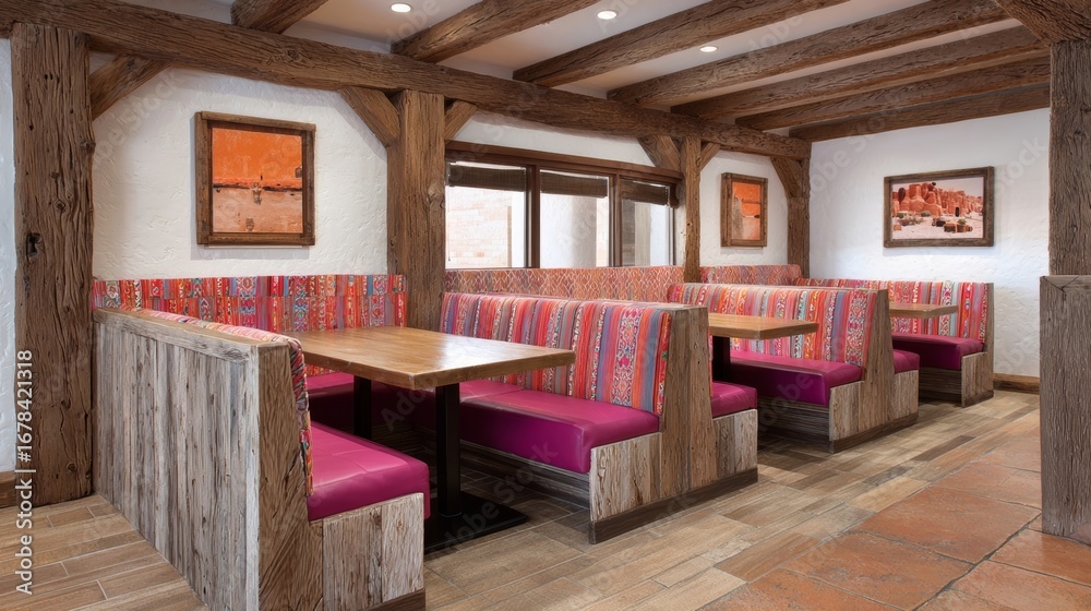 Naklejka premium Cozy rustic diner with vibrant geometric upholstery, exuding Southwest hospitality, perfect for Fiesta de la Candelaria celebrations