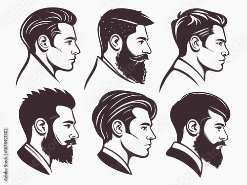 Collection of six stylized male portraits showcasing various hairstyles and beard styles in profile view created with generated ai