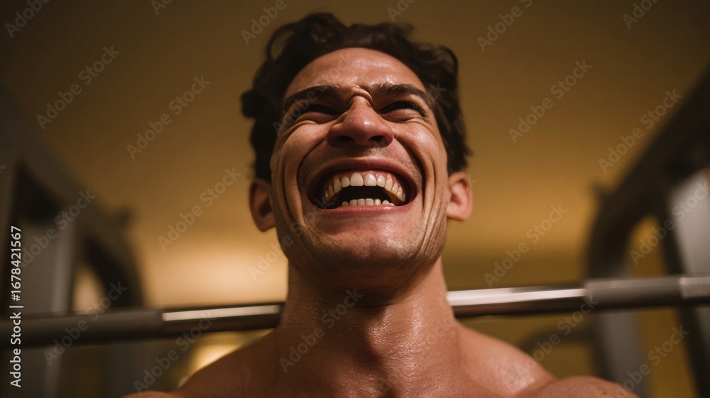 Obraz premium Joyful expression of Hispanic male during intense gym session, celebrating International Day of Happiness and World Health Day