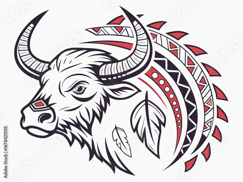 Stylized buffalo head with tribal patterns and feather decorations in black white and red colors created with generated ai