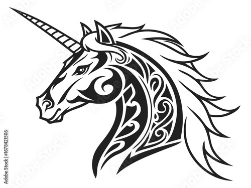 Stylized unicorn head with tribal tattoo design in black and white vector illustration art created with generated ai