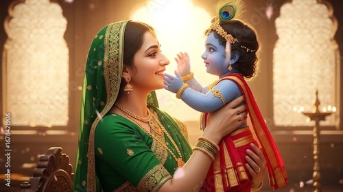 Loving Mother Yashoda Holding Adorned Baby Krishna in a Beautiful Indoor Temple Setting Reflecting Hindu Mythology