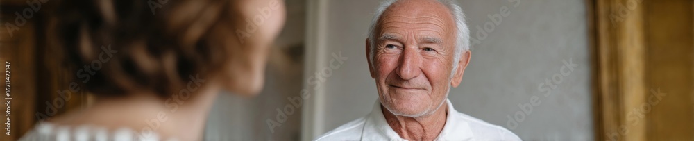 Obraz premium Elderly Caucasian mans serene smile gazes toward woman, encapsulating Grandparents Day nostalgia and mid-century friendship warmth