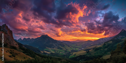 Vivid sunset over mountain valley, colorful clouds and dramatic peaks