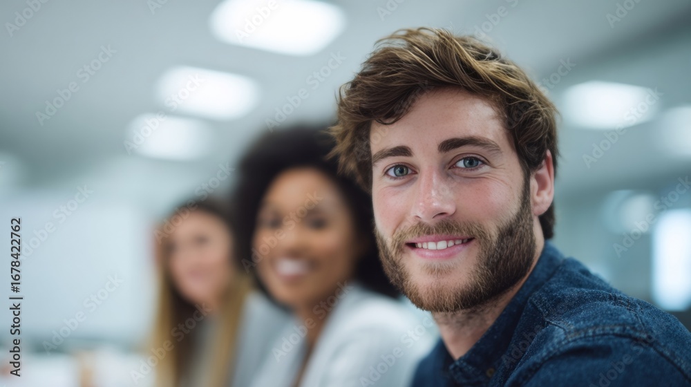 Obraz premium ```plaintextEuropean male in vibrant office cosmos, engaging teamwork harmony, celebrating Global Community Day, capturing unity in diversity essence```