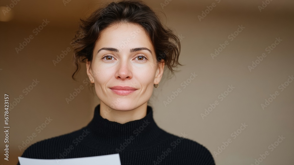 Obraz premium A confident woman of indeterminate ethnicity holds paper in contemplative solitude, ideal for International Women's Day narratives