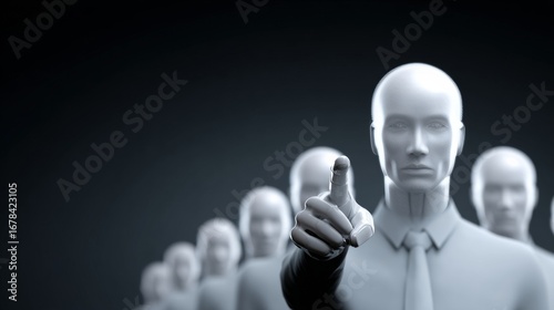 A procession of monochrome android silhouettes points ahead, embodying Futurist Days tech embrace and the uncanny valley intrigue