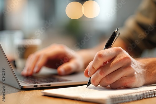 Close-up of hands writing and typing (1)