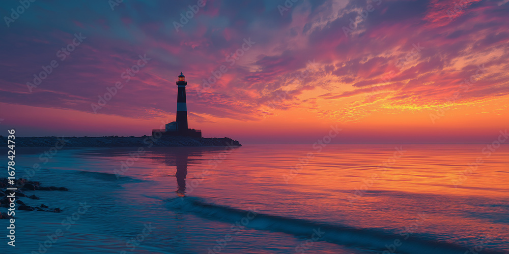 Fototapeta premium Peaceful sunrise by sea with lighthouse silhouette, calm waves, pastel sky colors
