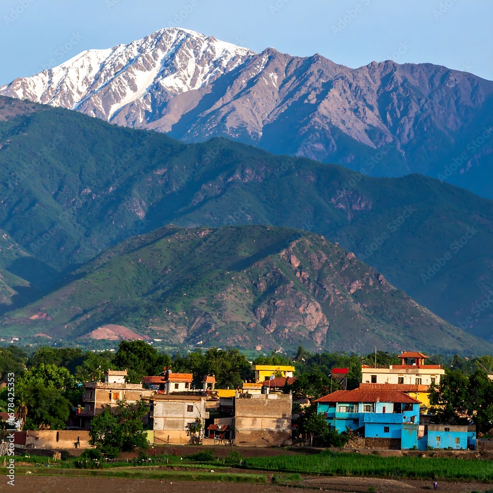 Obraz premium Mountain village nestled in a valley