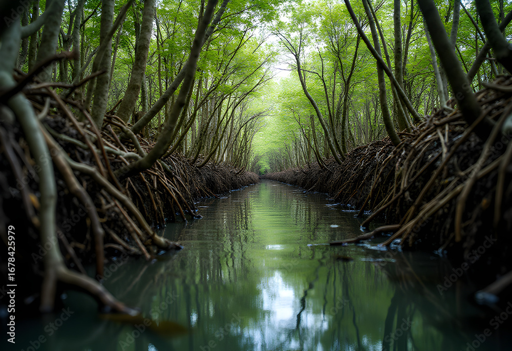 Obraz premium A vibrant green mangrove forest provides a tranquil pathway over water.