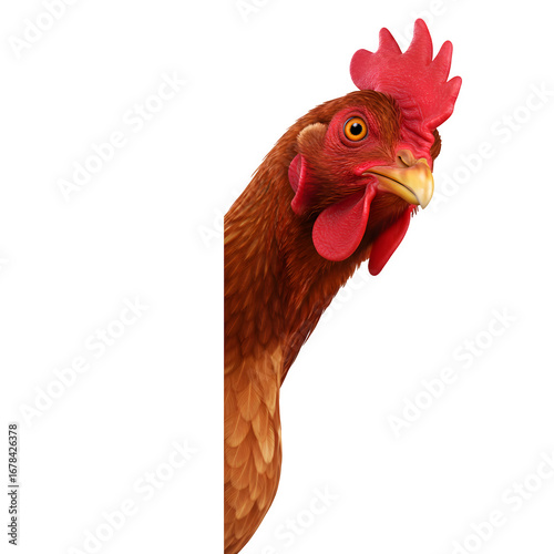 Curious brown chicken peeking around corner with funny expression. Perfect for farm, humor, and barnyard themes. Isolated on white or transparent background. PNG format.