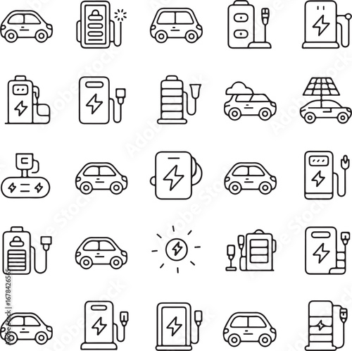Electric car charging stations and vehicles with solar panel icon electric vehicle EV charging