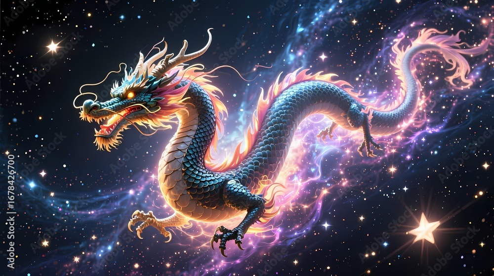 Fototapeta premium Celestial dragon flying among stars glowing cosmic aura fantasy space atmosphere detailed scales