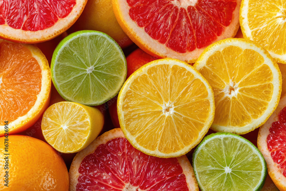 Fototapeta premium Fresh juicy citrus fruits as background, top view 