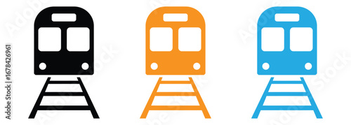 Simple train icons on tracks in black, orange, blueTrain Transportation Icon - Navigation Set,Train icon. ancient train front view symbol template for graphic and web design collection logo