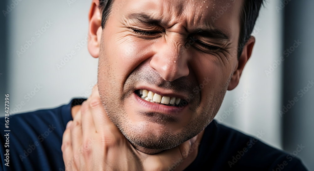 Obraz premium Young man suffering from a severe sore throat or neck pain, grimacing in discomfort and holding his aching neck