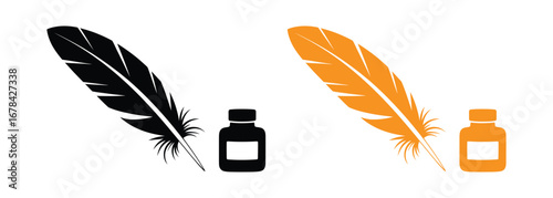 Feather and inkwell icon on light background.Quill and ink art set for vintage writing aesthetic design Poetry symbol. Literature, calligraphy, education, handwriting, classic writing pen. Outline,