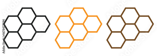 Honeycomb icon set. Honey symbol. Bee hive sign. Yellow hexagon comb vector illustration isolated.Three honeycomb patterns in black, gold, and brown shades,