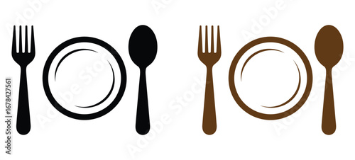 Fork, spoon, knife, and plate icon.Dinnerware line art design for restaurant branding project Cutlery icon set in line and flat style. Dinnerware icon symbol in the circle.