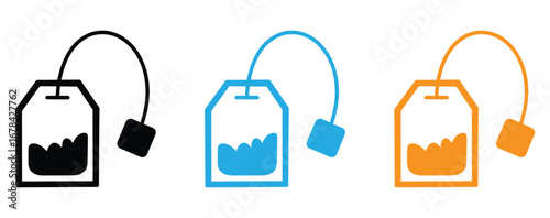Tea bag icons set.Teabag icon.Tea bag vector icon set. Teabag symbol. Herb tea bag packaging for morning beverage logo,Colorful tea bags brewing fresh flavor in black blue orange