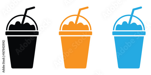 smoothie icon or logo isolated sign symbol.Smoothies icon, black silhouette on white. Takeaway drink in plastic cup with dome lid and straw.Refreshing smoothie icons in black, orange, and vibrant blue