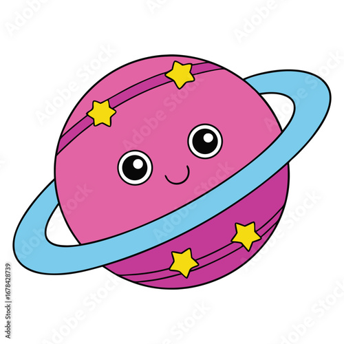 Cartoon planet character with ring and happy face