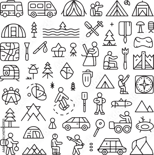 Collection of black and white outline icons for camping and outdoor activities recreation travel