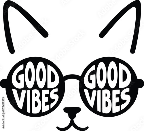Cute cat face wearing sunglasses with "good vibes" text funny illustration for t shirts and posters vector