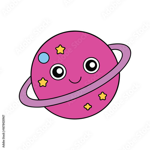 Cartoon planet character with ring and happy face
