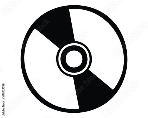 Circular black and white graphic with radial pattern and center circle design