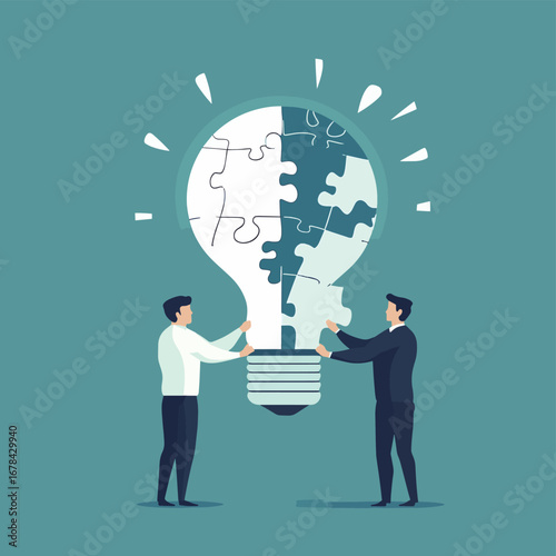 Two businessmen holding lightbulb shaped puzzle piece and complete lightbulb symbolizing problem solving creative idea collaboration concept in flat minimalist style