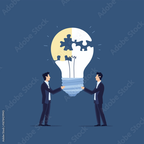 Two businessmen holding lightbulb shaped puzzle piece and complete lightbulb symbolizing problem solving creative idea collaboration concept in flat minimalist style