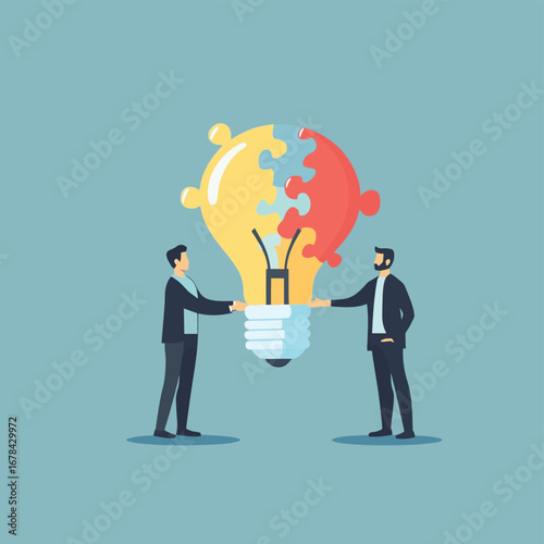 Two businessmen holding lightbulb shaped puzzle piece and complete lightbulb symbolizing problem solving creative idea collaboration concept in flat minimalist style