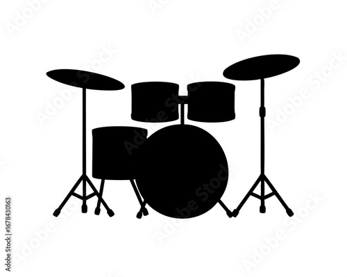 Silhouette of a classic drum set with cymbal stands and three drums