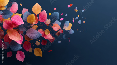 Vibrant colorful autumn leaf falling in gentle motion. beautiful abstract design on serene deep blue background